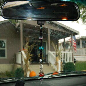 Rear-view Mirror Pendant with Carabiner Clip on a Handmade 14" Black Hemp